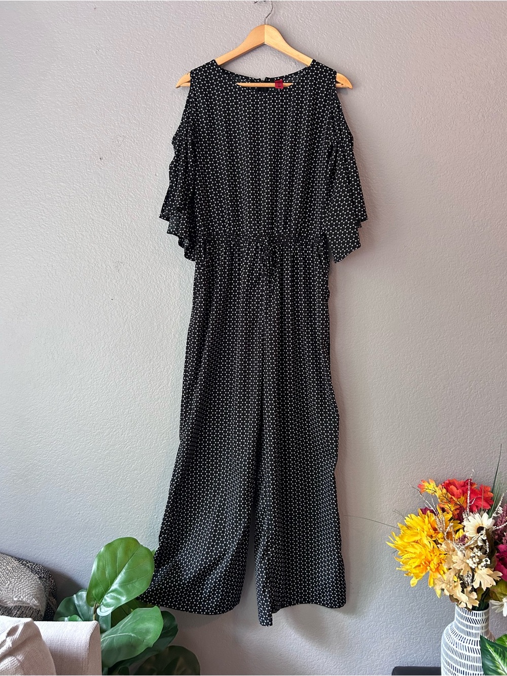 Black Polka Dot Cold-Shoulder Jumpsuit